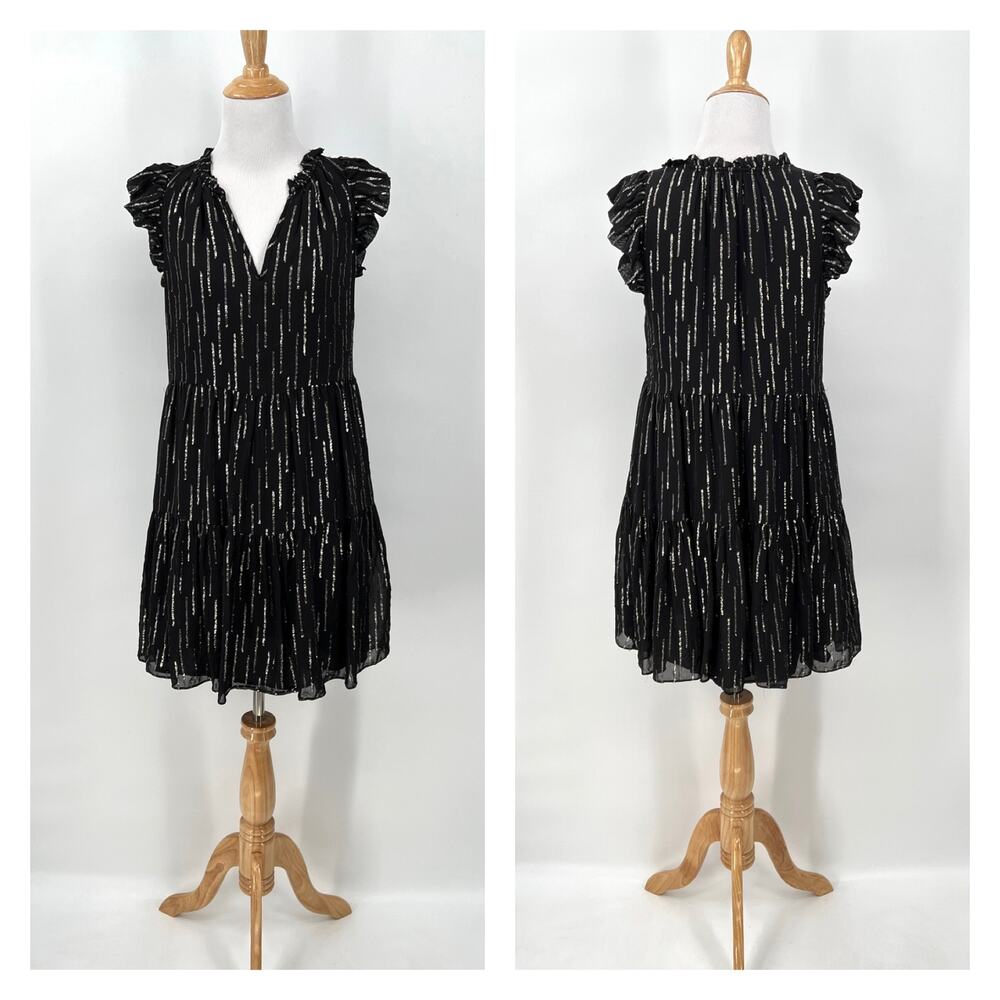 A LOVES A Tiered Dress Womens Small Black Silver Metallic Lurex Stripe A-line